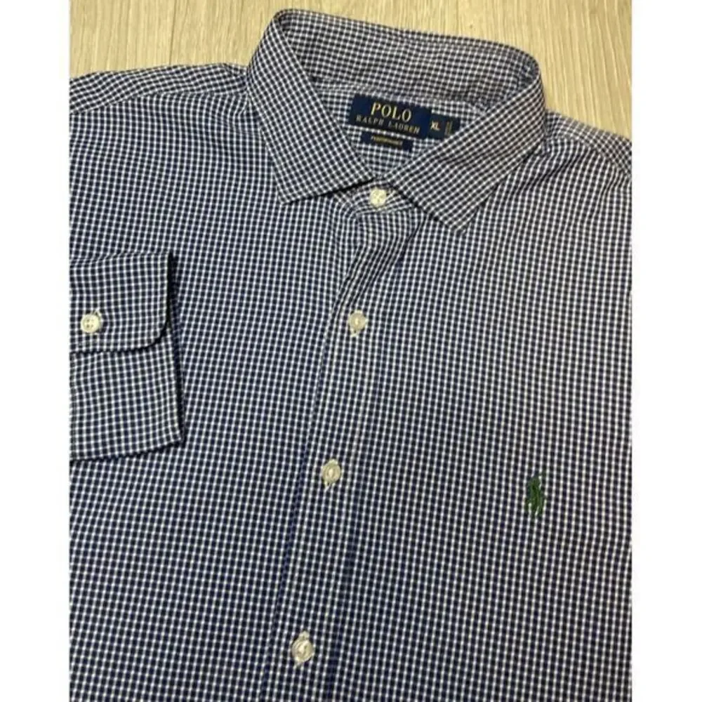 Polo Ralph Lauren Shirt Men XL Blue Gingham Check‎ Performance Nylon Stretch